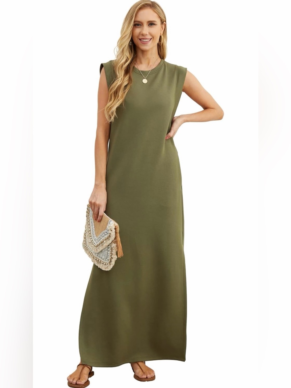 Sleeveless Olive Khaki Green Maxi Dress with Side Slits deep pockets NWT LG